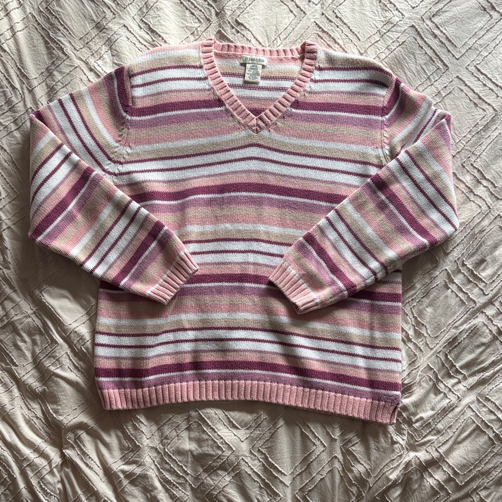 St. John's Bay Striped V-Neck Sweater in Pink and White